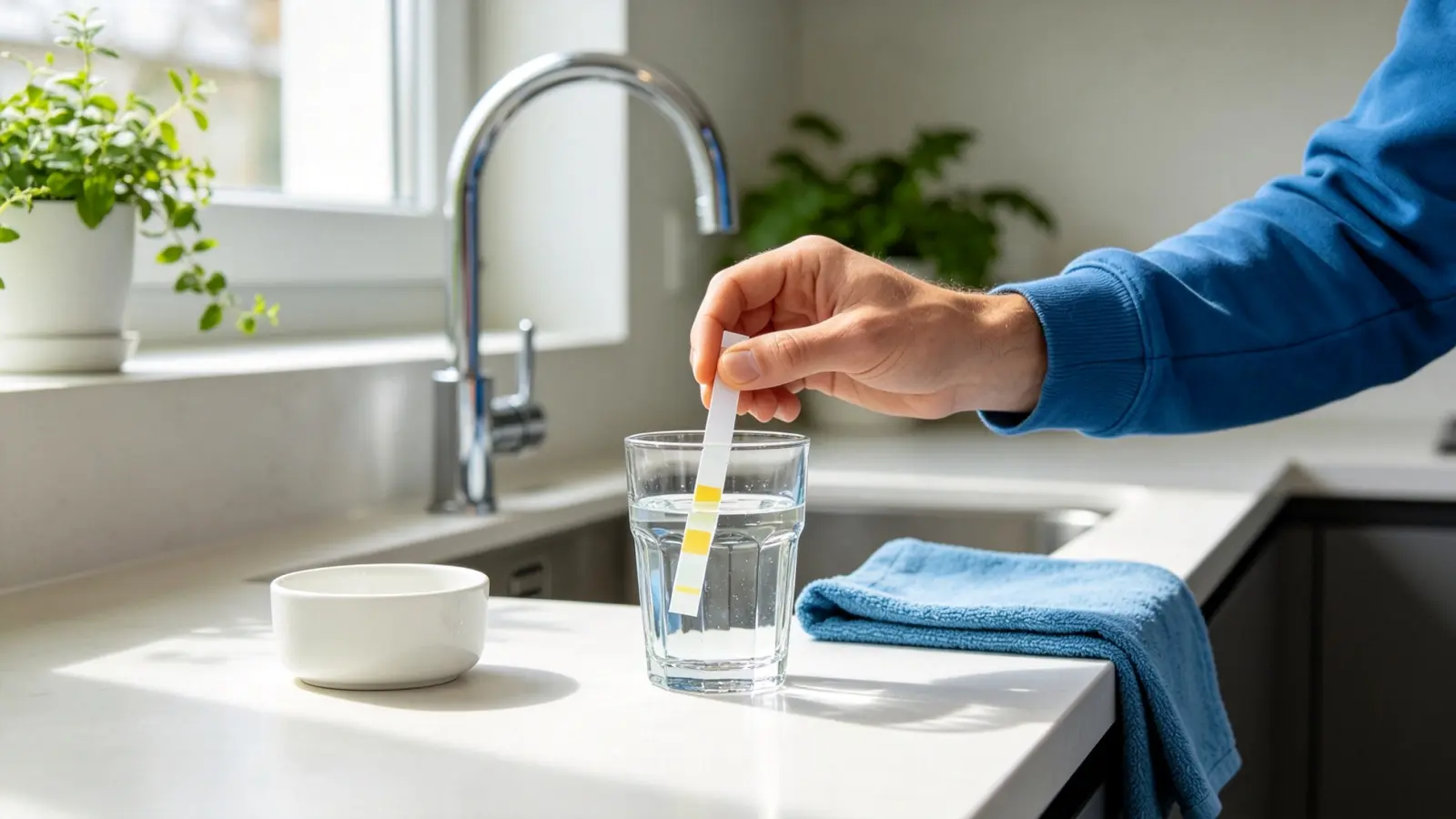 Water quality testing in a modern kitchen