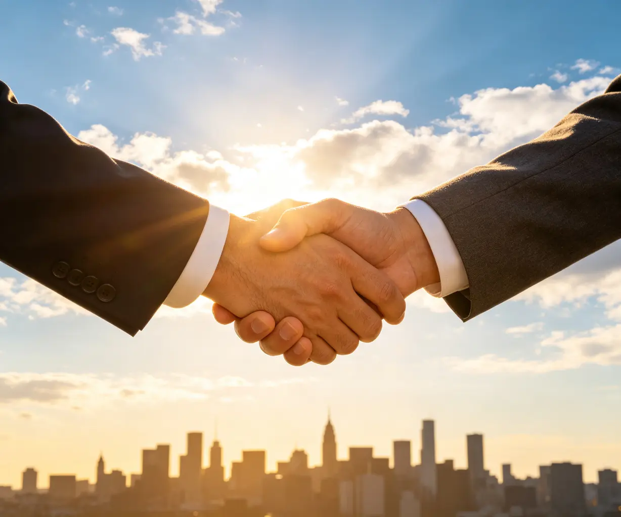Business handshake over blue sky